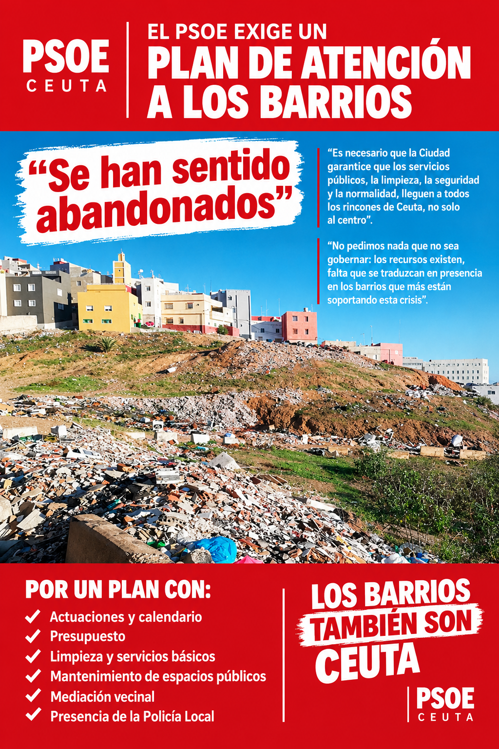 El PSOE de Ceuta solicita un Plan de atención para mejorar los servicios en los barrios periféricos